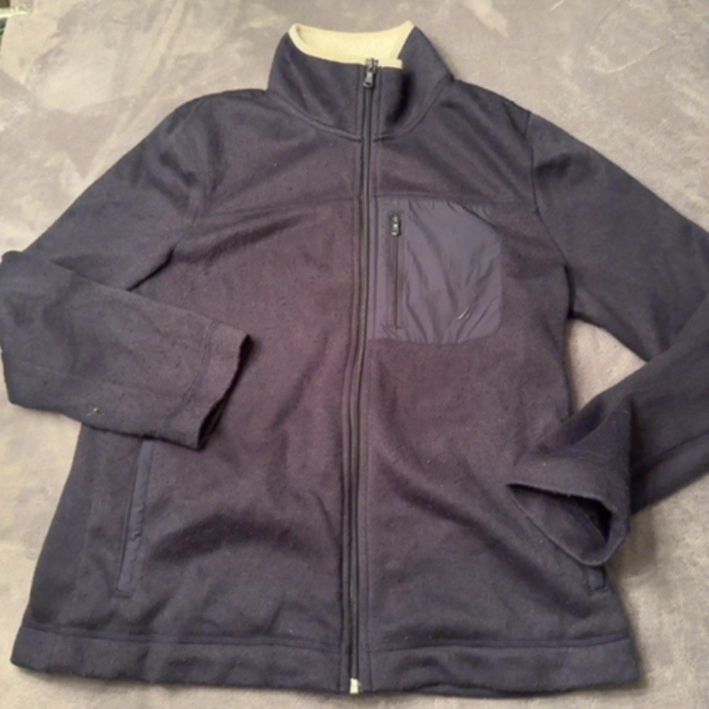 Nautica Fleece Jacket Men L Navy Full Zip Chest Pocket Outdoors Layer